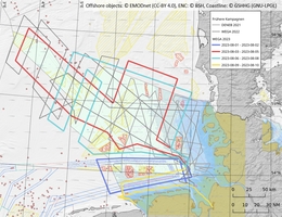 Fahrtplanung der Schweremessungen in der Nordsee. Rot und gelb schraffierte Gebiete sind bestehende und geplante Windparks, kleine rote Diamanten Offshore-Plattformen. (Bild: BKG)