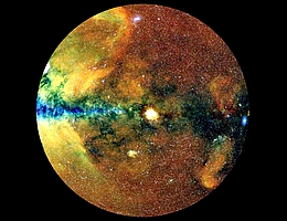 Dieses Bild zeigt eine Hälfte des Röntgenhimmels, projiziert auf einen Kreis (sogenannte Zenit Equal Area Projektion) mit dem Zentrum der Milchstraße auf der linken Seite und der galaktischen Ebene in der Horizontalen. Die Photonen sind entsprechend ihrer Energie farbkodiert (rot für Energien von 0,3-0,6 keV, grün für 0,6-1 keV, blau für 1-2,3 keV). (Bild: MPE, J. Sanders for the eROSITA consortium)