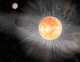 Künstlerische Darstellung von 51 Pegasi und seinem gemessenen Magnetfeld. Die entdeckte "schwache magnetische Bremsung" von 51 Peg stellt eine relativ plötzliche Veränderung dar, die eine stabilere magnetische Umgebung verursacht. Die aktuelle Studie legt nahe, dass die Sonne diesen Übergang bereits vollzogen hat, was die Entwicklung von komplexerem Leben begünstigte. (Bild: AIP/J. Fohlmeister)