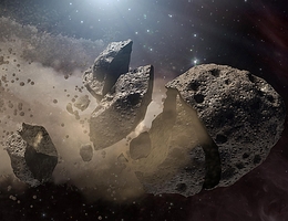 Ein Asteroid zerbricht und produziert dabei Staub, der auch auf die Erde gelangt - künstlerische Darstellung. (Bild: NASA / JPL-​Caltech)