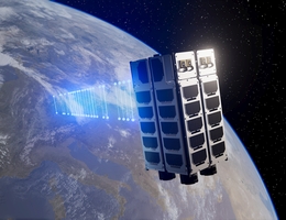 Visualisierung eines CubeSat mit einer Quantenschlüsselübertragung zwischen Jena und München. (Bild: Fraunhofer IOF)