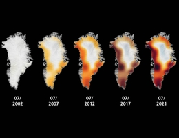 Eisverlust in Grönland Seit 20 Jahren beobachten die GRACE- und die Nachfolgemission GRACE-FO der NASA und des DLR die Veränderungen im Schwerefeld der Erde. Mit diesen Daten haben die Wissenschaftler der Dachorganisation dänischer Arktisforschungsinstitute herausgefunden, dass die grönländische Eisdecke rund 4,7 Billionen Tonnen Eis verloren und so rund 1,2 Zentimeter zum weltweiten Meeresspiegelanstieg beigetragen hat. Das Eis schmelze deutlich schneller als erwartet. Seit Beginn der Messungen im April 2002 habe der grönländische Eisschild 4.700 Kubikkilometer Schmelzwasser verloren. Damit ließe sich die gesamte Fläche der USA einen halben Meter unter Wasser setzen. Der durchschnittliche Jahresverlust liegt bei 277 Gigatonnen. (Schwarz -5 Meter, Dunkelrot -4 Meter, Rot -3 Meter, Orange -2 Meter, Gelb -1 Meter Verlust relativ zum Wasseräquivalent 2002). Auch diese Messungen werden die GRACE-C-Satelliten voraussichtlich ab dem Jahr 2028 fortsetzen. (Bild: NASA)