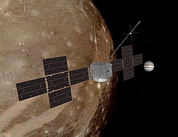 JUICE über Ganymed - künstlerische Darstellung. (Bild: ESA / ATG Medialab)