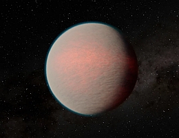 Künstlerische Darstellung des Exoplaneten GJ 1214 b, die auf den aktuellen Ergebnissen basiert. GJ 1214 b ist ein warmer Mini-Neptun, auf dem auf einer Seite ständig Tag und auf der anderen Seite ewige Nacht herrscht. Eine ungewöhnlich stark reflektierende Dunstschicht in der Hochatmosphäre erschwert die Bestimmung der Zusammensetzung der Ebenen darunter. Der Planet besitzt vermutlich große Mengen an Wasser. (Bild: NASA/JPL-Caltech/R. Hurt (IPAC))