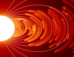Die Magnetosphäre ist der Bereich um einen Stern, in dem sein Magnetfeld geladene Teilchen beeinflusst. In der Simulation stellen die weißen Linien die Magnetfeldlinien dar, die die Magnetosphäre bilden. Die Magnetpole befinden sich oben und unten. Je heller die Farbe des abgebildeten Gases, desto höher die Dichteverteilung. Eine Gasscheibe ist als Konzentration der Gasdichteverteilung in der (magnetischen) Äquatorialebene sichtbar. (Bild: AIP/M. Küker)