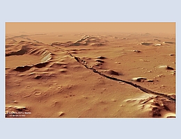 Einer der Brüche, aus denen das Grabensystem Cerberus Fossae besteht. Die Brüche durchziehen Berge und Krater, was darauf hindeutet, dass sie relativ jung sind. (Bild: ESA/DLR/FU Berlin)