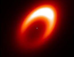 Bild vergrößernSchematischer Anblick des Wirbels mit einem möglicherweise gerade entstehenden Exoplaneten um den Stern HD 163296. Der helle gelbliche Bereich oben rechts zeigt ein Gebiet mit warmem Staub und Granulat mit hoher Wahrscheinlichkeit für die Bildung eines neuen Planeten. (Bild: J. Varga et al.)