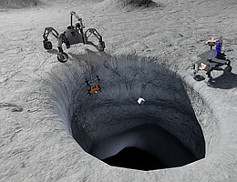 Die CAD-Visualisierung zeigt das Missionsszenario am Skylight einer Lava-Höhle auf dem Mond mit den drei Robotersystemen SherpaTT (oben links), Coyote III (unten links) und LUVMI (rechts). (Bild: DFKI GmbH, Grafik: Finn Lichtenberg)