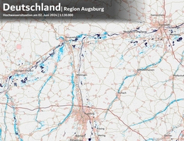Hochwasserkarte Region Augsburg Die Karte zeigt einen Ausschnitt um Augsburg, aufgenommen am 2. Juni 2024. Die Hochwasserflächen sind hellblau markiert, Siedlungsgebiete in rosa. Die Wasserausdehnung wurde auf Basis von Sentinel-1 Satellitendaten (dunkelblau) in einer geometrischen Auflösung von zehn Metern abgeleitet. Für die Auswertung der Radardaten nutzte das DLR ein automatisiertes Verfahren, das speziell für Flutereignisse entwickelt wurde. (Bild: DLR/ZKI 2024)