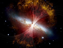 Das Magnetfeld in M 82 ist mit Linien über einem Bild der Galaxie im sichtbaren Licht vom Hubble Space Telescope und im Infraroten vom Spitzer Space Telescope dargestellt. Stellare Winde, die von heißen neuen Sternen ausgehen, bilden einen galaktischen Superwind, der Schwaden aus heißem Gas (rot) und einen riesigen Halo aus rauchigem Staub (gelb/orange) senkrecht zur dünnen galaktischen Scheibe (weiß) ausstößt. (Bild: NASA, SOFIA, L. Proudfit; NASA, ESA, Hubble Heritage Team; NASA, JPL-Caltech, C. Engelbracht)