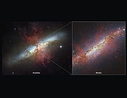 Die Starburst-Galaxie M 82, aufgenommen von den Weltraumteleskopen Hubble und Webb. (Bild: NASA, ESA, CSA, STScI, A. Bolatto (University of Maryland))