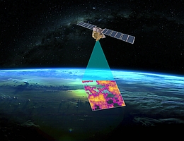 MethaneSAT auf der Suhe nach Methan - künstlerische Darstellung. (Grafik: MethaneSAT)