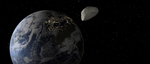 Der 360 Meter durchmessende Asteroid Apophis wird der Erde am 13. April 2029 sehr nahekommen. (Bild: Jonathan Männel / mit Eyes on the Solar System, NASA/JPL)