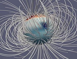 Magnetfeld von Jupiter. Am Great Blue Spot Konzentration des Magnetfelds in Äquatornähe. Feldlinien (grau) zeigen Richtung des Feldes im Raum, unterschiedliche Farbtiefe repräsentiert Stärke des Magnetfeldes (mit dunkelrotem Hintergrund stark positive Feld, dunkelblau stark negativ). (Bild: NASA/JPL-Caltech/Harvard/Moore et al.)