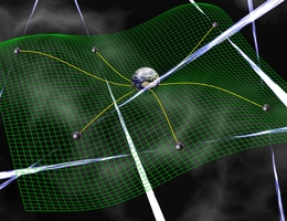 Konzept eines Pulsar-Timing-Arrays zur Beobachtung eines Ensembles von Millisekunden-Pulsaren über große Entfernungen in der Milchstraße, um so Gravitationswellen im Nanohertzbereich erfassen zu können. (Grafik: David Champion / MPIfR)
