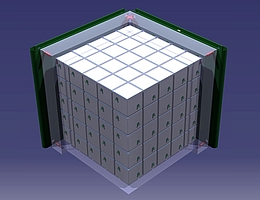 Designkonzept des RUBIK-Teilchendetektors. In weiß hervorgehoben sind die regelmäßig angeordneten Plastikszintillatoren, die von Lichtleitfasern (grün) durchdrungen sind. (Grafik: II. Physikalisches Institut der JLU)