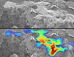 Radarreflexion im X-Band, erfasst mit der F-SAR-Sensor des DLR Das Bild zeigt die Radarreflexion im X-Band (3 Zentimeter Wellenlänge), die vom F-SAR-Sensor des DLR über dem Gebiet des am 10. Juli 2023 ausgebrochenen und zu Beginn der Kampagne noch aktiven Litli-Hrútur-Vulkans aufgenommen wurde (oben). Die topografische Höhenänderung, abgeleitet aus interferometrischen F-SAR-Messungen, überlagert mit der X-Band-Reflexion sieht man auf dem unteren Bild. Die dargestellte Höhenänderung der Geländeoberfläche ist auf die vulkanische Aktivität seit Beginn der Ausbrüche im März 2021 zurückzuführen. Die Höhenveränderung entspricht mehreren Dutzend Metern. (Bild: DLR)