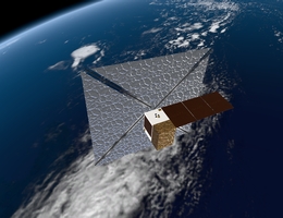 Satellit von Reflex Aerospace mit Bremssegel über der Erde - künstlerische Darstellung. (Grafik: Reflex Aerospace)