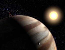 Planet im Orbit um HD 209458 - künstlerische Darstellung. (Bild: Science: NASA, D. Charbonneau (Caltech & CfA), T. Brown (NCAR), R. Noyes (CfA) and R. Gilliland (STScI); Illustration: G. Bacon (STScI /AVL))