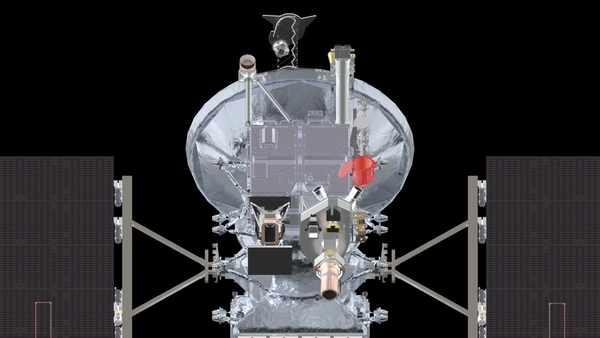 Darstellung der Raumsonde Europa Clipper mit dem Instrument SUrface Dust Analyzer (SUDA) - rot markiert. (Grafik: NASA)