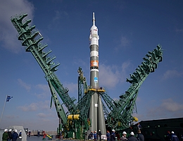 Rakete mit Sojus-MS 24 an der Spitze auf der Startrampe 31 in Baikonur am 12. September 2023. (Foto: NASA/Bill Ingalls)