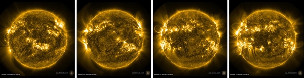 Vier Aufnahmen der Sonne in Ultraviolettem Licht (Wellenlänge: 171 Ångström). Die Zeitpunkte der Aufnahmen sind mit denen der oberen Abbildung identisch. Aktive Regionen erscheinen weißlich und an den Rändern wird deutlich, wie sich leuchtendes Plasma entlang weit gebogener Magnetfeldlinien bewegt. Eine besonders aktive Region, die auch für den Sonnensturm am 11. Mai 2024 verantwortlich ist, bewegt sich mit der Rotation der Sonne zur rechten Seite im Bild. Alle Bilder stammen vom weltraumgebundenen Solar Dynamics Observatory (SDO) der NASA. (Bild: NASA)