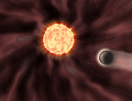 Künstlerische Darstellung eines Stern-Planeten-Systems. Der Sternenwind und sein Effekt auf die Planetenatmosphäre ist erkennbar. (Bild: AIP/ K. Riebe/ J. Fohlmeister)