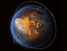 Darstellung der Konstellation der Swarm-Satelliten mit Blick in den Erdkern, der das Erdmagnetfeld erzeugt. (Grafik: ESA/ATG Medialab)