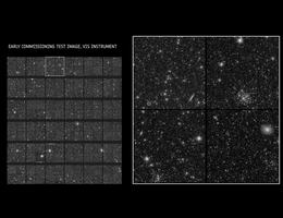 Testbild des gesamten Bildfelds des VIS-Instruments aus der frühen Phase der Inbetriebnahme. Das rechte Bild zeigt eine Detailvergrößerung des im linken Bild markierten Bereichs. (Bild: ESA/Euclid/Euclid Consortium/NASA, CC BY-SA 3.0 IGO)