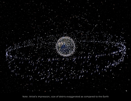 Nachverfolgbare Objekte in der Erdumlaufbahn. Die gezeigten Trümmerobjekte sind ein künstlerischer Eindruck, der auf tatsächlichen Dichtedaten beruht. Die Trümmerobjekte sind jedoch übertrieben groß dargestellt, um sie in dem gezeigten Maßstab sichtbar zu machen. (Grafik: ESA)