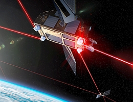 Inter-Satelliten-Verbindungen mit Laserlicht - UNIO-Satelliten im All; künstlerische Darstellung. (Grafik: UNIO)