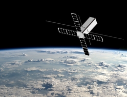 Das Bild zeigt eine Visualisierung des selbstgebauten Satelliten der HSB-Studierenden im Weltall. (Grafik: NASA/ESA/HSB)