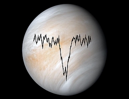 Absorptionsspektrum von atomarem Sauerstoff bei 4,74 Terahertz (schwarze Linie) vor dem Hintergrund der Venus. (Foto: Hübers et al., DOI number: 10.1038/s41467-023-42389-x , 7. November 2023. Hintergrundbild: https://photojournal.jpl.nasa.gov/catalog/PIA23791)