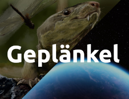 Schriftzug: Geplänkel. Die zweigeteilte künstlerische Darstellung zeigt einen komplett bläulichen Planeten in dessen Atmosphäre es weißliche Wolken zu geben scheint. Daneben: Grafik eines Tieres, das auf einem Stück Holz oder einem Stein sitzt: An den vorderen Gliedmaßen sind Krallen, aus dem Maul stehen Eckzähne hervor, das Tier reckt seinen Kopf, während es von Libellen umschwirrt wird.