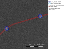 Ausdehnung der Lecks an Nord Stream 1. (Bild: Copernicus, ESA, DLR (Beinhaltet modifizierte Copernicus Sentinel-Daten [2022] für Sentinel-1))