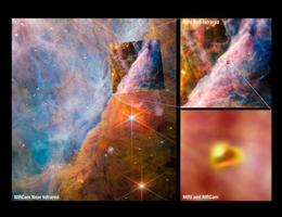 Dieses Bild zeigt den Blick der NIRCam des James Webb Space Teleskops auf die Region des Orion-Balkens, die von dem Forschungsteam untersucht wurde. Diese Region, die von den Sternen des Trapezhaufens in grelles ultraviolettes Licht getaucht wird, ist ein Gebiet mit intensiver Aktivität, mit Sternentstehung und aktiver Astrochemie. (Bild: ESA/Webb, NASA, CSA, M. Zamani (ESA/Webb), the PDRs4All ERS Team)