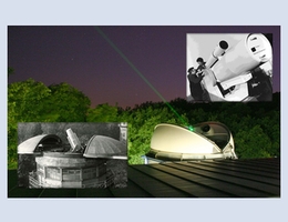 Unterschiedliche Generationen von Laserradarstationen der SLR Station (Satellite Laser Ranging Station) Potsdam. (Foto: Ludwig Grunwaldt, GFZ; kleine Fotos: Lutz Hannemann, ZIPE)