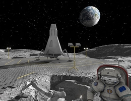 Auf dem Mond könnten mithilfe innovativer 3D-Drucktechnologie und Mondstaub „Pflastersteine“ erstellt werden, die sich dann zu einer Art Straße (Fotomontage) zusammenfügen lassen. (Fotomontage: RegoLight Consortium 2018, visualization: LIQUIFER Systems Group)