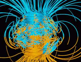 Viele verwobene blaue und gelbe Magnetfeldlinien, die im Kern zu einem runden Knäuel verdrillt sind.