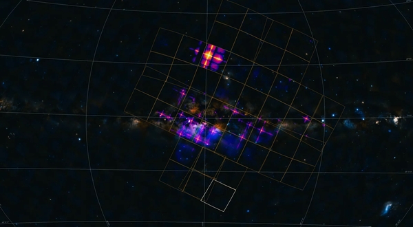 Blick des Einstein-Probe-Satelliten auf unsere Milchstraße, aufgenommen mit dem WXT mit einer Belichtungszeit von 40.000 Sekunden. Helle Röntgenquellen sind sichtbar (lila). Die blauen ausgedehnten Strukturen zeigen heißes Gas aus unserer Galaxie. Aufgrund der einzigartigen Hummeraugen-Spiegeltechnologie erscheinen die Objekte auf den Bildern als Kreuze. Scorpius X-1, das hellste konstante Röntgenobjekt am Himmel nach unserer Sonne, ist oberhalb der Bildmitte zu sehen. (Bild: EPSC, NAO/CAS; DSS; ESO)