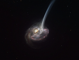 Diese künstlerische Darstellung von ID2299 zeigt die Galaxie, das Produkt einer galaktischen Kollision, und einen Teil des Gases, das durch einen „Gezeitenschweif“ als Ergebnis der Verschmelzung ausgestoßen wird. Neue Beobachtungen mit ALMA, an denen die ESO beteiligt ist, haben die frühesten Stadien dieses Ausstoßes dokumentiert, bevor das Gas die in dieser künstlerischen Darstellung gezeigten sehr großen Ausmaße erreichte. (Bild/künstlerische Darstellung: ESO/M. Kornmesser)