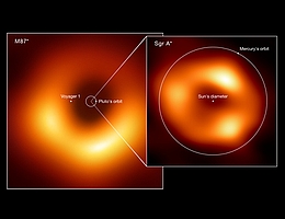 Größenvergleich der beiden schwarzen Löcher, die von der Event Horizon Telescope (EHT) Collaboration aufgenommen wurden: M87*, im Herzen der Galaxie Messier 87, und Sagittarius A* (Sgr A*), im Zentrum der Milchstraße. Das Bild zeigt die Größe von Sgr A* im Vergleich zu M87* und anderen Elementen des Sonnensystems wie den Bahnen von Pluto und Merkur. Außerdem werden der Durchmesser der Sonne und die aktuelle Position der Raumsonde Voyager 1, des am weitesten von der Erde entfernten Raumfahrzeugs, angezeigt. M87*, das 55 Millionen Lichtjahre entfernt liegt, ist eines der größten schwarzen Löcher, die bekannt sind. Während das 27.000 Lichtjahre entfernte Sgr A* eine Masse hat, die etwa dem Viermillionenfachen der Masse der Sonne entspricht, wiegt M87* das Sechshundertfache dieser Zahl. Aufgrund ihrer relativen Entfernung von der Erde erscheinen beide schwarzen Löcher am Himmel gleich groß. (Bild: EHT collaboration (acknowledgment: Lia Medeiros, xkcd))