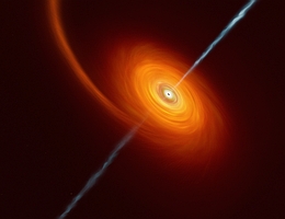 Diese künstlerische Darstellung veranschaulicht, wie es aussehen könnte, wenn sich ein Stern einem schwarzen Loch zu sehr nähert, wobei der Stern durch die starke Anziehungskraft des schwarzen Lochs gestaucht wird. Ein Teil des Sternmaterials wird hineingezogen und wirbelt um das schwarze Loch, wodurch die Scheibe entsteht, die auf diesem Bild zu sehen ist. In seltenen Fällen wie diesem werden von den Polen des schwarzen Lochs Materie- und Strahlungsjets ausgestoßen. Beim Ereignis AT2022cmc wurden die Jets von verschiedenen Teleskopen nachgewiesen, darunter auch vom VLT, das feststellte, dass es sich um das am weitesten entfernte Beispiel eines solchen Ereignisses handelt. (Bild: ESO/M.Kornmesser)