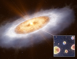 Diese künstlerische Darstellung zeigt die planetenbildende Scheibe um den Stern V883 Orionis. Im äußersten Teil der Scheibe ist das Wasser in Form von Eis gefroren und kann daher nicht leicht nachgewiesen werden. Ein Energieausbruch des Sterns heizt die innere Scheibe auf eine Temperatur auf, bei der das Wasser gasförmig ist, so dass die Astronomen und Astronominnen es nachweisen können. Das eingefügte Bild zeigt die beiden Arten von Wassermolekülen, die in dieser Scheibe untersucht wurden: normales Wasser mit einem Sauerstoff- und zwei Wasserstoffatomen und eine schwerere Version, bei der ein Wasserstoffatom durch Deuterium, ein schweres Isotop des Wasserstoffs, ersetzt ist. (Bild: ESO/L. Calçada)