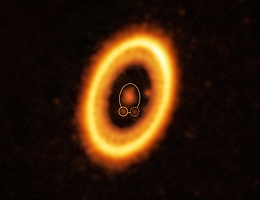 Dieses Bild, aufgenommen mit dem Atacama Large Millimeter/submillimeter Array (ALMA), an dem die ESO beteiligt ist, zeigt das junge Planetensystem PDS 70, das fast 400 Lichtjahre von der Erde entfernt ist. Im Zentrum des Systems befindet sich ein Stern, der aber in dem Bild nicht zu sehen ist. Das Signal im Zentrum stammt von einer inneren Scheibe aus Gas und Staub. Um diesen Stern kreist der Planet PDS 70 b (durch einen gelben Kreis hervorgehoben). Auf derselben Umlaufbahn wie PDS 70 b, die durch eine durchgezogene gelbe Ellipse gekennzeichnet ist, haben die Astronominnen und Astronomen eine Trümmerwolke (eingekreist durch eine gelb gepunktete Linie) entdeckt, bei der es sich um die Bausteine eines neuen Planeten oder um die Überreste eines bereits entstandenen Planeten handeln könnte. Die ringförmige Struktur, die das Bild dominiert, gehört zu einer zirkumstellare Scheibe aus Material, aus der sich Planeten bilden. Es gibt tatsächlich einen weiteren Planeten in diesem System: PDS 70 c, zu sehen auf 3 Uhr direkt neben dem inneren Rand der Scheibe. (Bild: ALMA (ESO/NAOJ/NRAO) /Balsalobre-Ruza et al.)