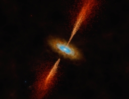 Diese künstlerische Darstellung zeigt das System HH 1177, das sich in der Großen Magellanschen Wolke, einer Nachbargalaxie der unseren, befindet. Das junge und massereiche stellare Objekt, das im Zentrum glüht, sammelt Materie aus einer staubigen Scheibe ein und stößt gleichzeitig Materie in kräftigen Jets aus. Ein Team von Astronomen und Astronominnen hat mit Hilfe des Atacama Large Millimeter/submillimeter Array (ALMA), an dem die ESO beteiligt ist, durch Beobachtung der Rotation dieser Scheibe Beweise für deren Existenz gefunden. Dies ist das erste Mal, dass in einer anderen Galaxie eine Scheibe um einen jungen Stern entdeckt wurde, die mit den Scheiben identisch ist, aus denen in unserer eigenen Galaxie Planeten entstehen. (Bild: ESO/M. Kornmesser)