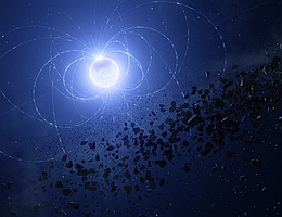 Diese künstlerische Darstellung zeigt den magnetischen Weißen Zwerg WD 0816-310, auf dessen Oberfläche Astronominnen und Astronomen eine Art Narbe gefunden haben, die auf den Einschluss von Planetentrümmern zurückzuführen ist. Wenn sich Objekte wie Planeten oder Asteroiden dem Weißen Zwerg nähern, werden sie zerrissen und bilden eine Trümmerscheibe um den toten Stern. Ein Teil dieses Materials kann vom Weißen Zwerg verschlungen werden und Spuren bestimmter chemischer Elemente auf seiner Oberfläche hinterlassen. Mithilfe des Very Large Telescope der ESO fanden die Forschenden heraus, dass sich die Signatur dieser chemischen Elemente mit der Rotation des Sterns ebenso wie das Magnetfeld periodisch verändert. Dies deutet darauf hin, dass die Magnetfelder diese Elemente auf den Stern schleuderten, sodass sie sich an den Magnetpolen konzentrierten und die hier zu sehende Narbe bildeten. (Bild: ESO/L. Calçada)