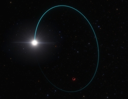 Astronominnen und Astronomen haben das massereichste stellare schwarze Loch in unserer Galaxie entdeckt, und zwar dank der Taumelbewegung, die es auf einen Begleitstern ausübt. Diese künstlerische Darstellung zeigt die Bahnen des Sterns und des schwarzen Lochs, kurz Gaia BH3 genannt, um ihr gemeinsames Massenzentrum. Die Gaia-Mission der Europäischen Weltraumorganisation hat dieses Taumeln über mehrere Jahre hinweg gemessen. Zusätzliche Daten von anderen Teleskopen, darunter das Very Large Telescope der ESO in Chile, bestätigten, dass die Masse dieses schwarzen Lochs 33 Mal so groß ist wie die unserer Sonne. Die chemische Zusammensetzung des Begleitsterns deutet darauf hin, dass das schwarze Loch nach dem Kollaps eines massereichen Sterns mit sehr wenigen schweren Elementen oder Metallen entstanden ist, so wie es die Theorie vorhersagt. (Bild: ESO/L. Calçada/Space Engine (spaceengine.org))