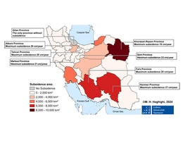 Bodenabsenkung in den verschiedenen Provinzen des Iran (2014-2020). In den tiefrot gekennzeichneten Provinzen senkt sich der Boden auf einer Fläche von mehr als 6000km2. Die Landabsenkungen sind Folge des massiven Grundwasserverlusts. Die Karte zeigt des Weiteren die maximale Bodenabsenkungsrate in der jeweiligen Provinz. (Karte: Mahmud Haghshenas Haghighi)