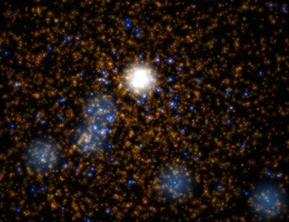 Das Bild zeigt einen simulierten Sternhaufen, wie er in den Dragon-II-Simulationen berechnet wurde. Die orangefarbenen und gelben Punkte stellen sonnenähnliche Sterne dar, während die blauen Punkte Sterne mit der 20- bis 300-fachen Masse der Sonne anzeigen. Das große weiße Objekt in der Mitte verkörpert einen Stern mit einer Masse von etwa 350 Sonnenmassen, der in Kürze kollabieren und ein schwarzes Loch mittlerer Masse bilden wird. (Bild: M. Arca Sedda (GSSI))